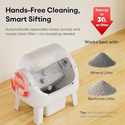 PetPivot Open Top Self Cleaning Cat Litter Box, Automatic Litter Box with 7 Pairs of Safety Sensors, Anti-Pinch Protection and Easy Access Step for Senior Cats, White