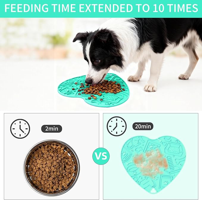 Silicone Slow Feeder Dog & Cat Bowl – Heart Shape Anti-Slip Puzzle Feeding Bowl for Slow Eating, Treat Puzzle Toys for Pets– Interactive Pet Enrichment Bowl, Prevents overeating (Mint)