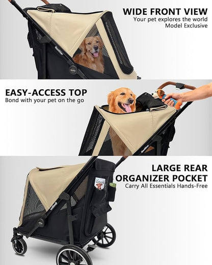 Dog Stroller for Large Dogs & Cats up to 130 lbs,Foldable Large Pet Stroller for 2 Dogs with Storage Pocket,Extra Large Heavy Duty,All Terrain Wagon Cart with Air Mesh