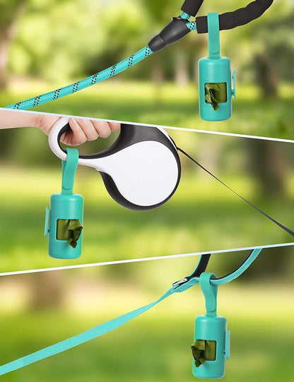 Gobeigo Dog Poop Bag Holder【Convenient Hook for Used Bags】【Silicone Strap Fits Any Leash】【Large Opening for Easy Dispensing】with 1 Roll Waste Bags (Turquoise)