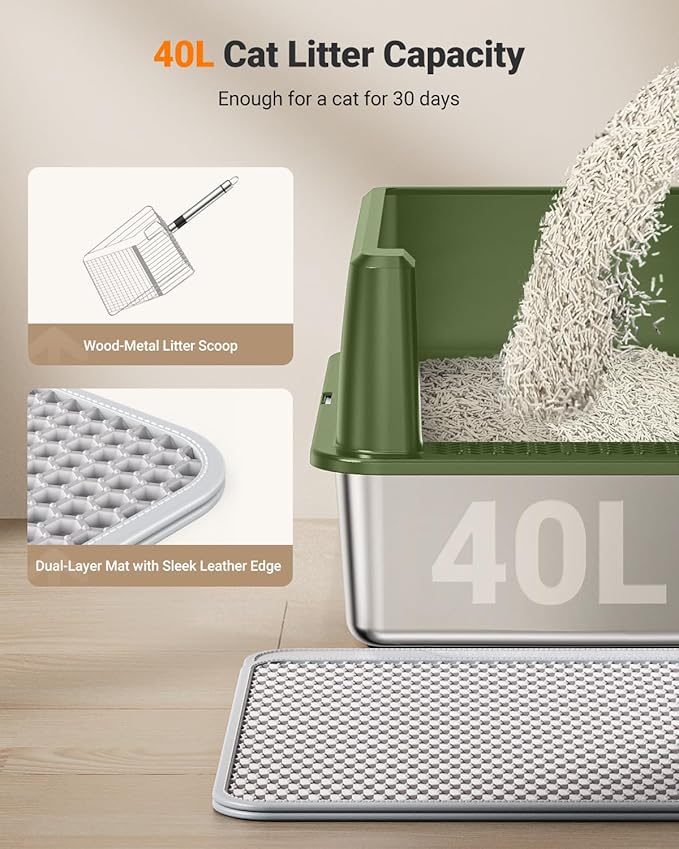 XL Stainless Steel Litter Box, Large Metal Cat Litter Box with High Sided for Big Cats, Enclosed Litter Boxes with Lid, Easy-Clean Cat Litter Mat & Scoop Kit, Non Sticky, Anti-Urine Leakage