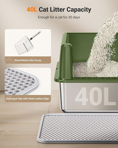 XL Stainless Steel Litter Box, Large Metal Cat Litter Box with High Sided for Big Cats, Enclosed Litter Boxes with Lid, Easy-Clean Cat Litter Mat & Scoop Kit, Non Sticky, Anti-Urine Leakage