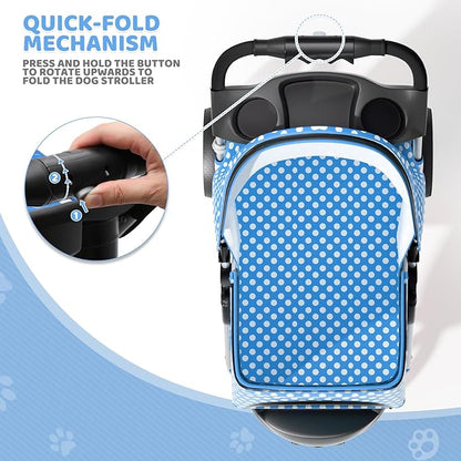 Magshion 3-Wheel Pet Stroller, Foldable Travel Jogger for Small & Medium Dogs & Cats (Up to 33lbs), Lightweight Carrier with Breathable Mesh Cover, Cup Holder & Storage Basket, Sky Blue Polka Dots
