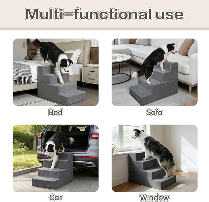 PawComfort 4-Step Pet Stairs, 18 Inch High Dog Steps for Bed, Grey Non-Slip Indoor Ramp for Small Dogs and Cats