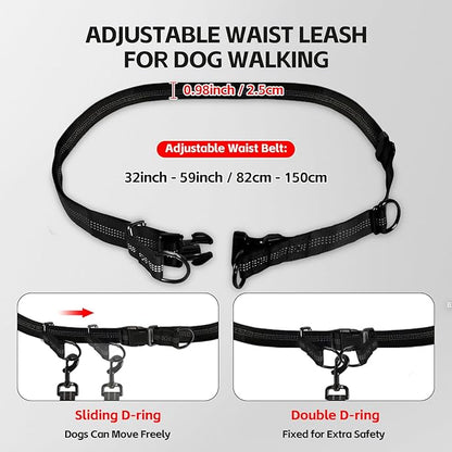 Hands Free Dog Leash with Waist Belt & Large Pouch, Waist Leash for Dog Walking, Running, Hiking & Jogging, Reflective Dual Padded Handles, Ideal for Medium/Large Dogs (30-120lbs)