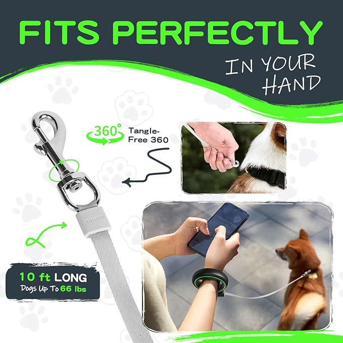 UFO Retractable Dog Leash Hands Free Wearable Dog Leash with Poop Bag Holder One-Handed Brake Pause Lock 360° Tangle Free 10ft for Up to 66lbs Medium Small Dogs (Black/Green)