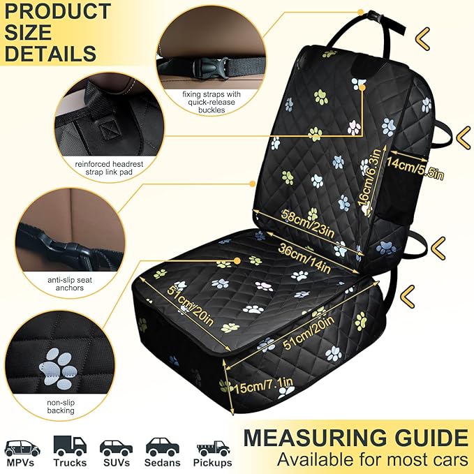 2pcs Dog Car Seat Cover for Front Durable Colored Paw Prints Waterproof Protector Against Dirt Scratch Proof Non Slip Padded Quilted Front Seat Covers for Dog for Cars, Trucks and SUV, Black