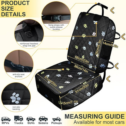 2pcs Dog Car Seat Cover for Front Durable Colored Paw Prints Waterproof Protector Against Dirt Scratch Proof Non Slip Padded Quilted Front Seat Covers for Dog for Cars, Trucks and SUV, Black