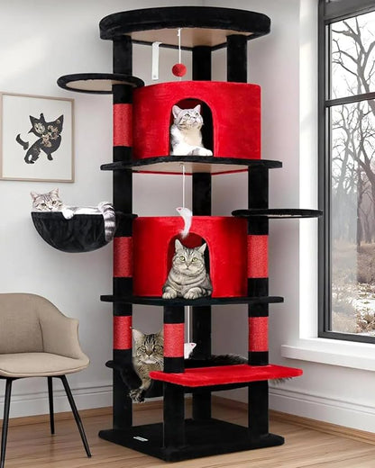 Globlazer Gothic Corner Cat Tree Tower for Large Cat, 66inch Tall Large Goth Cat Tree for Multiple Indoor Cats with 6 Scratching Posts, 2 Spacious Condos, Soft Hammock, Hanging Basket, C66, Red Black
