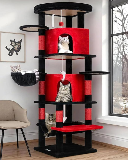Globlazer Gothic Corner Cat Tree Tower for Large Cat, 66inch Tall Large Goth Cat Tree for Multiple Indoor Cats with 6 Scratching Posts, 2 Spacious Condos, Soft Hammock, Hanging Basket, C66, Red Black