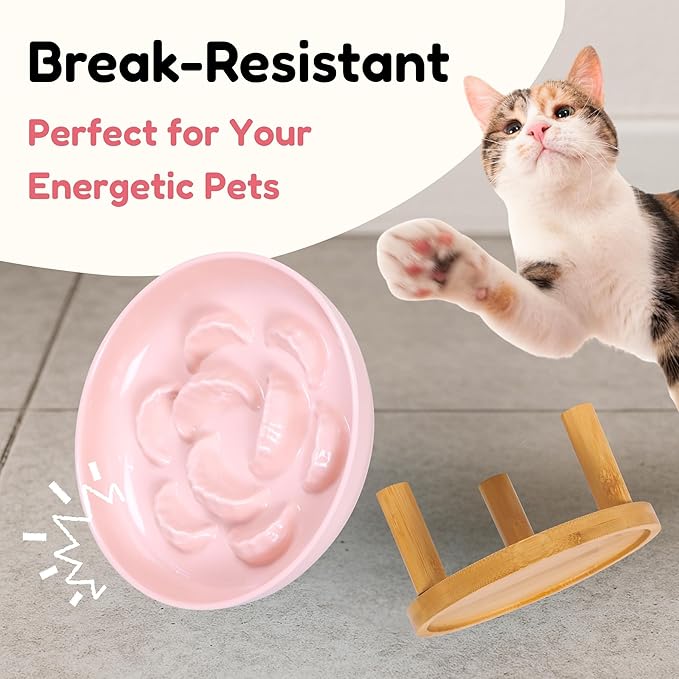 Slow Feeder Bowl, 6.3″ Elevated Cat Bowl with Stand, Melamine Wide Shallow Food Bowl, Whisker-Friendly Raised Plate, Wet Food Feeder for Slow Eating (Pink)
