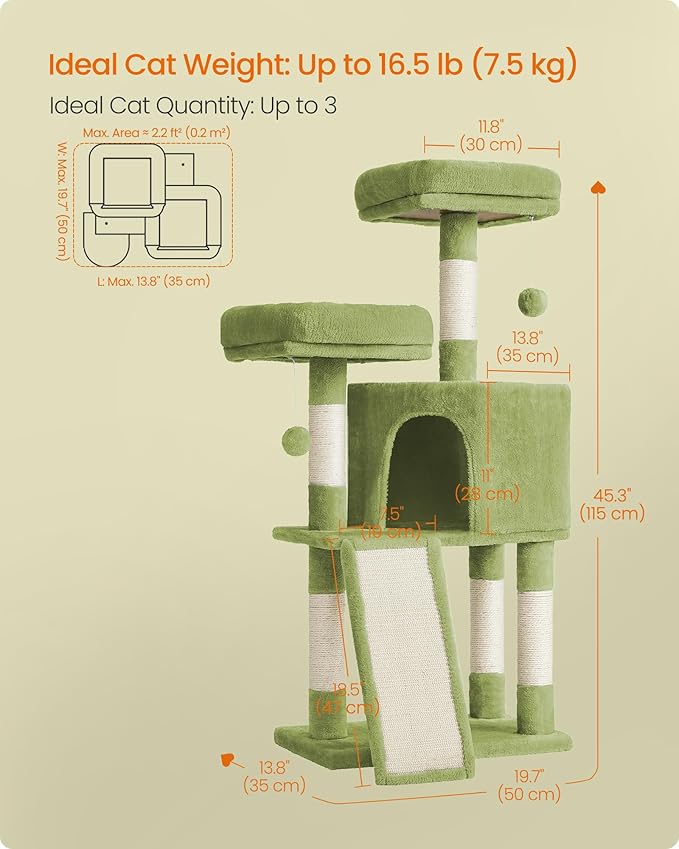 Feandrea Cat Tree, 45.3-Inch Cat Tower, Plush Condo with Scratching Post, Ramp, Perch, Spacious Cave, for Small Space, Grass Green UPCT141C01