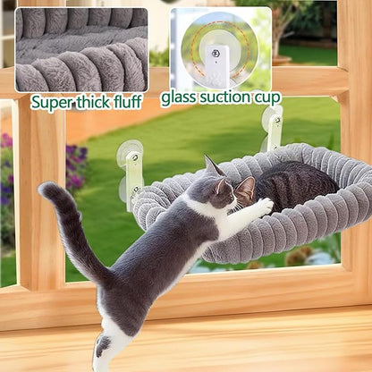 Collapsible Window Perch for Indoor Cats, Large Cats & Kittens - Equipped with a Cat-Catching Stick, Solid Metal Frame, Soft Cover, Strong 4 Suction Cup Wall Mount