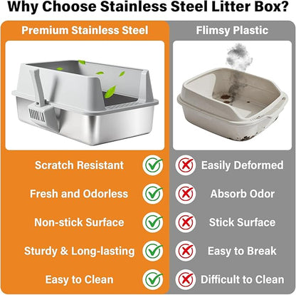 XL Stainless Steel Litter Box, Extra Large High Sided Metal Cat Litter Box with Lid and Scooper, Easy Clean, Non Stick & No Smell