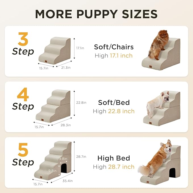 Joydeco Dog Stairs for Bed 17.1" H, 3-Step Pet Steps for Small Dogs and Cats, Dog Steps for High Bed, Non-Slip Balanced Ramp Indoor Pet Stairs, Beige