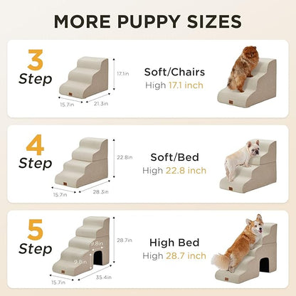 Joydeco Dog Stairs for Bed 22.8" H, 4-Step Pet Steps for Small Dogs and Cats, Dog Steps for High Bed, Non-Slip Balanced Ramp Indoor Pet Stairs, Beige