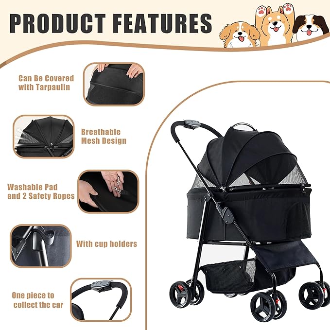 3-in-1 Pet Stroller for Small/Medium Dogs&Cats, 4 Wheels Lightweight Dog Stroller with Detachable Carrier, Storage Basket and Cup Holder, One-Click Folding Pet Travel Carrier for Car Seat & Hand Carry