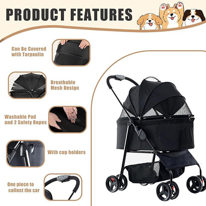3-in-1 Pet Stroller for Small/Medium Dogs&Cats, 4 Wheels Lightweight Dog Stroller with Detachable Carrier, Storage Basket and Cup Holder, One-Click Folding Pet Travel Carrier for Car Seat & Hand Carry
