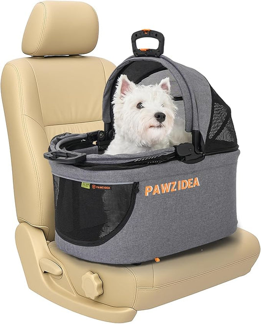 PAWZIDEA Portable Small Dog Crate for Car Travel up 33lbs, Enclosed Dog Car Seat Soft-Sided, Escape-Proof Reversible No-Zip Canopy, Foldable Pet Carrier Seatbelt for Small Medium Puppies & Cats Kennel