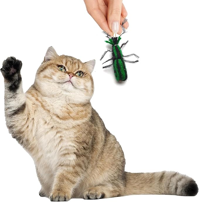 2 Inch Handmade Cat Toy Teaser Wand Refill Beetle - Green Natural Material Toys, Hunting Instinct Play, Interactive Exercise Attachment Set for Indoor Cats
