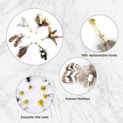 Cat Insect Feather Toys - Cat Wand and 6 Natural Insect Feathers Refill, Interactive Teaser with Bell