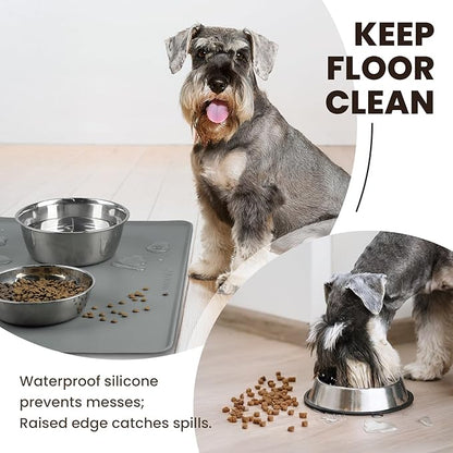 VIVAGLORY Dog Food Mat Flexmat Dog Bowl Mat, Placemat Food Tray with Raised Edges & Lip for Indoor Floor, Non Slip Waterproof Silicone Dish Placemat for Cat & Pet, L, Grey