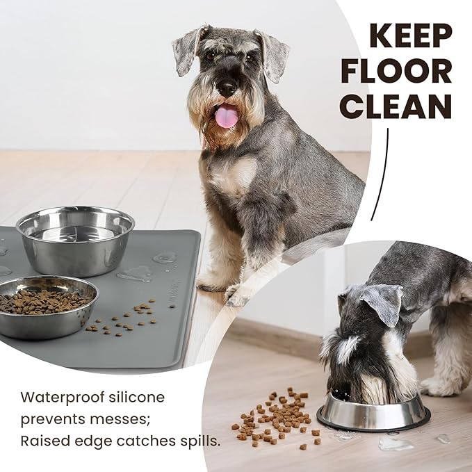 VIVAGLORY Dog Food Mat Flexmat Dog Bowl Mat, Placemat Food Tray with Raised Edges & Lip for Indoor Floor, Non Slip Waterproof Silicone Dish Placemat for Cat & Pet, S, Grey