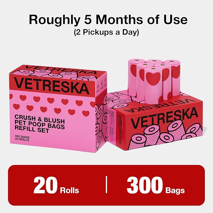 VETRESKA Dog Poop Bags, Leak Proof, Extra Thick and Large Pet Waste Bags for Dog Walking and Cat Litter, Smoked Cherry Scented, 300 Bags