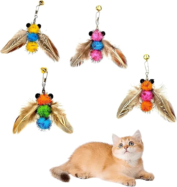 LWINGFLYER 4 PCS Cat Feather Toys Refill Insect Bee,Feather Cat Toys, Kitty Wand Toy Refill,Cat Toy Wand Replacement Attachments,Interactive Cat Toys for Indoor Cats
