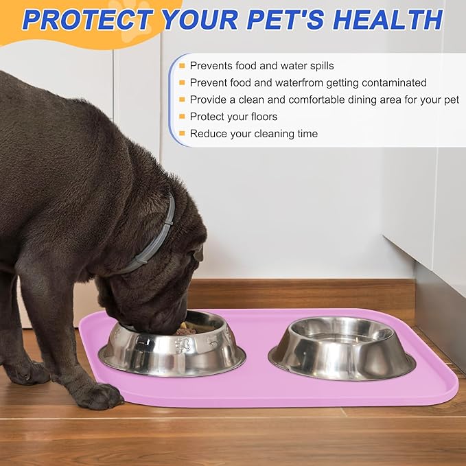 Silicone Pet Feeding Mat with Raised Edge for Food and Water, Dog Bowl Mats, Cat Bowls Placemat with High Lip for Floor Waterproof, Rubber Tray for Cats and Dogs 24 x 16 x0.8 Light Pink