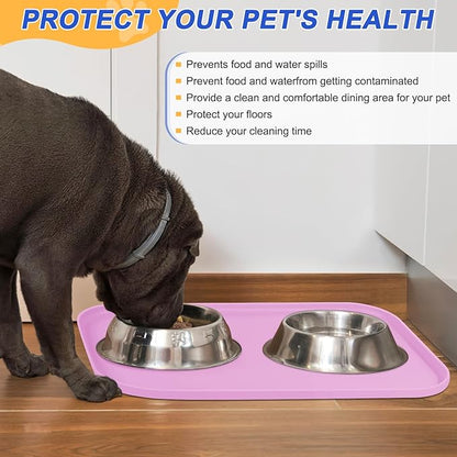 Silicone Pet Feeding Mat with Raised Edge for Food and Water, Dog Bowl Mats, Cat Bowls Placemat with High Lip for Floor Waterproof, Rubber Tray for Cats and Dogs 22 x 14 x0.8 Light Pink