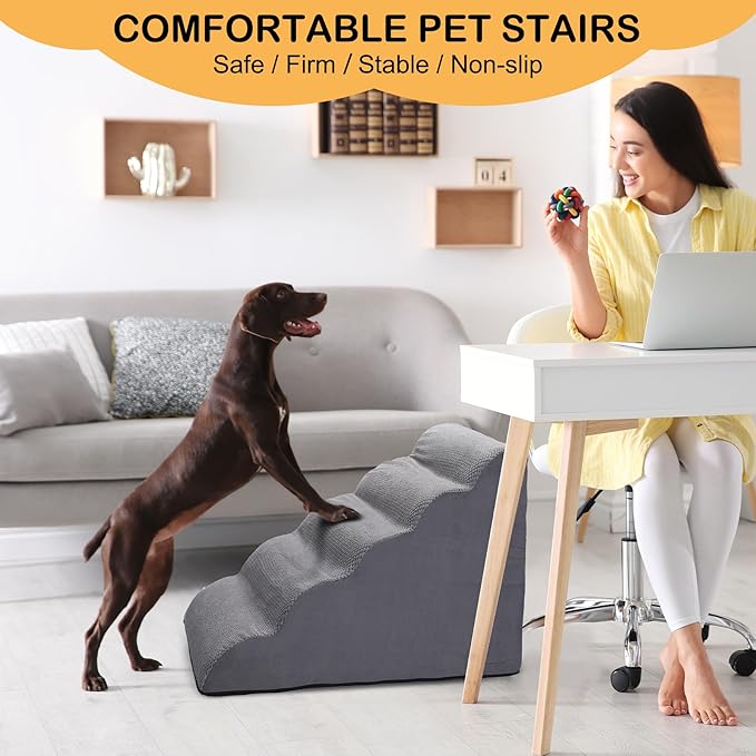 Dog Stairs for Bed, 5-Step Dog Steps for Couch and High Bed, Non-Slip Pet Stairs, 24" High Sofa Foam Ramp - Best for Small Pets, Older Cats with Joint Pain