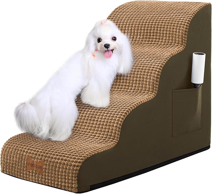 Dog Stairs for Small Dogs, Wide Pet Step with Removable Cover, No Assembly High Density Foam Cat Ramp for Bed or Sofa, 4-Step, Light Brown