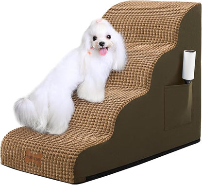 Dog Stairs for Small Dogs, Wide Pet Step with Removable Cover, No Assembly High Density Foam Cat Ramp for Bed or Sofa, 4-Step, Light Brown