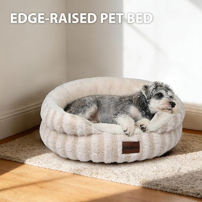 Cat Bed Puppy Bed - Washable Round Cat Beds for Indoor Cats, Soft Corduroy Fleece Pet Bed for Puppy and Kitten with Removable Double Sided Inner Cousion, 23", Beige