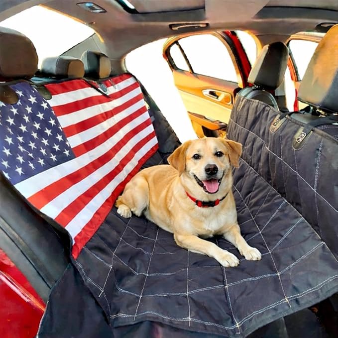 Dog Backseat Cover with Hammock for Cars, SUVs, and Trucks I Waterproof, Nonslip Seat Protector & Cover I Nylon Clips, K9 Shield USA Flag