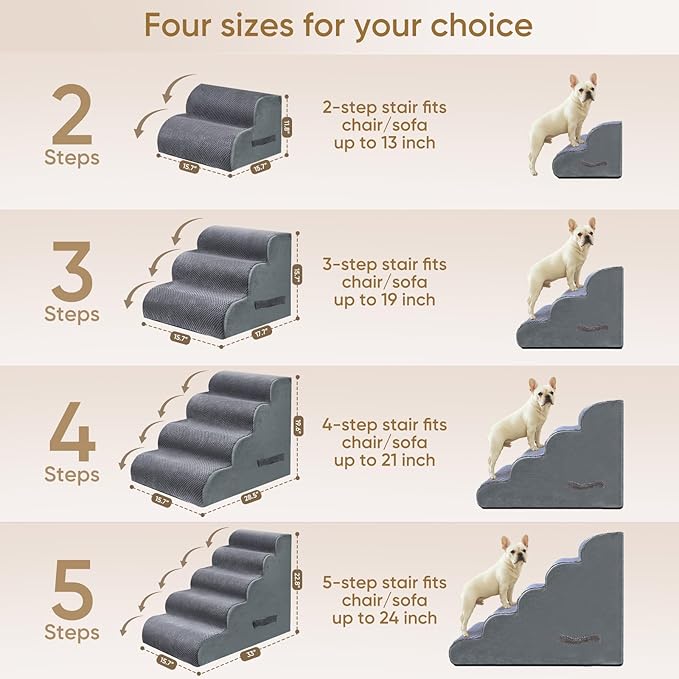 PAWSCART Pet Stairs for Dogs 5-Step, 22.8" H Pet Stairs for High Bed, Couch Sofa & Chair, 30D Material Soft Foam Dog Steps with Non-Slip Bottom Surface Removable Washable Cover, Grey