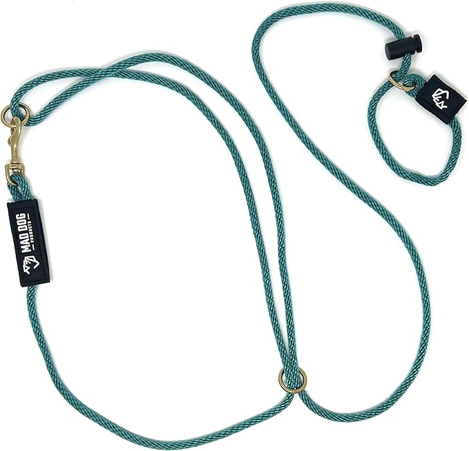 Mad Dog Products Hands Free Slip Dog Leash ¼” x 10’ Teal Signature Rope – Made in USA