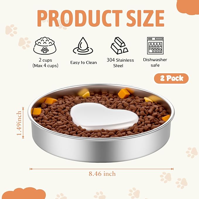 tchrules 2 Pack Slow Feeder Dog Bowls Stainless Steel, 2 Cups Metal Slow Eating Dog Bowl with Non-Slip Pads, Heart Pet Food Bowls for Small Medium Breed Dogs to Slow Down Eating Anti-Gulping