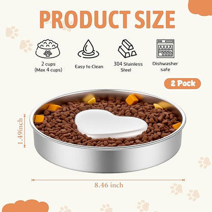 tchrules 2 Pack Slow Feeder Dog Bowls Stainless Steel, 2 Cups Metal Slow Eating Dog Bowl with Non-Slip Pads, Heart Pet Food Bowls for Small Medium Breed Dogs to Slow Down Eating Anti-Gulping