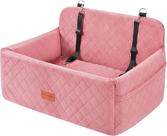 HEGGCOOE Dog Car Seat for Medium/Large Dogs, Pet Booster Seat for Under 55 lbs or 2 Small Dogs, Detachable & Washable Dog Car Bed for Backseat with 2 Safety Leashes (Pink)