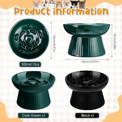 Tioncy 2 Pcs Raised Cat Slow Feeder Bowl Ceramic Elevated Cat Dog Food Bowl No Spill High Edge for Dry Wet Food and Water Easy to Clean, Dishwasher Safe (Dark Green,Black)