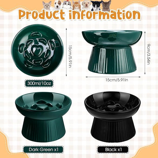 Tioncy 2 Pcs Raised Cat Slow Feeder Bowl Ceramic Elevated Cat Dog Food Bowl No Spill High Edge for Dry Wet Food and Water Easy to Clean, Dishwasher Safe (Dark Green,Black)
