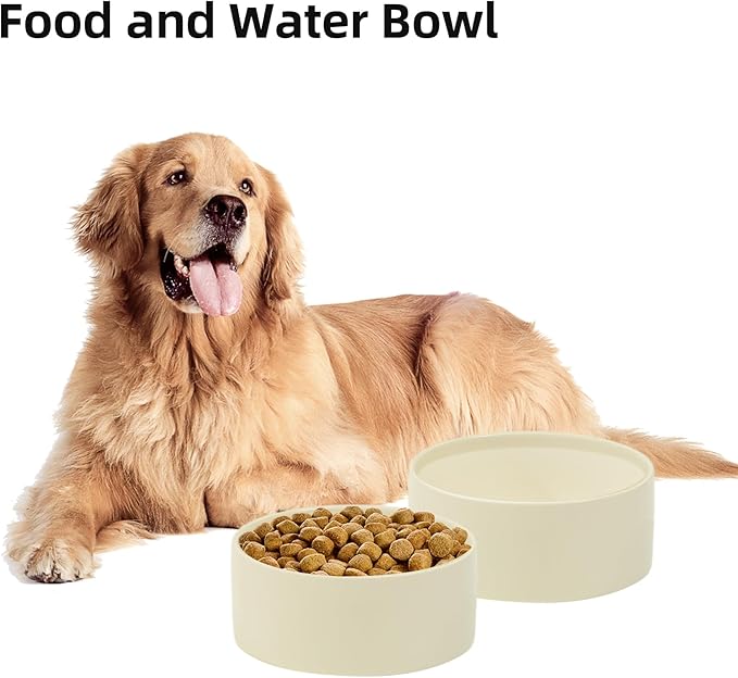 Ceramic 7.3inch Dog Bowl, Food and Water Bowl for Medium Breed Dog, Pet Feeder for Replacement (Single Bowl, Light Yellow)