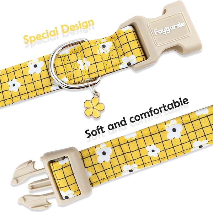 Faygarsle Floral Plaid Pattern Dog Collar, Yellow with White Flowers Summer Spring Design for Small Medium Large Dogs M
