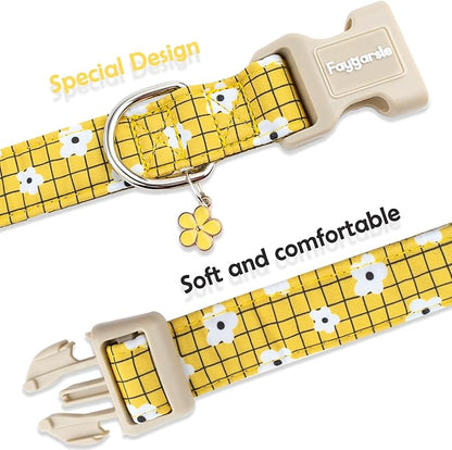 Faygarsle Floral Plaid Pattern Dog Collar, Yellow with White Flowers Summer Spring Design for Small Medium Large Dogs M
