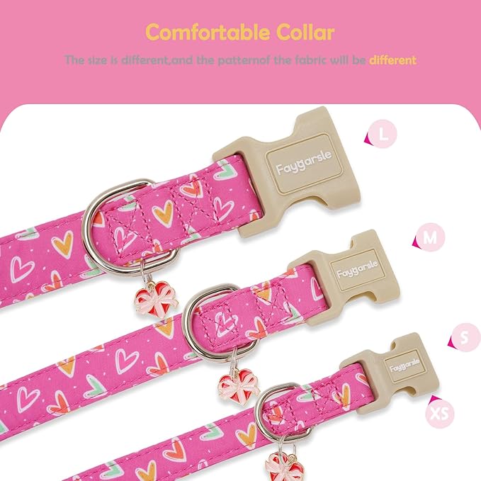 Faygarsle Valentine's Day Dog Collar, Pink Heart Pattern with Metal D-Ring and Heart Charm, Adjustable Pet Collar for Small Medium Large Dogs L