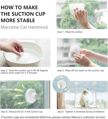 Mkono Cat Window Perch Macrame Boho Cat Hammock Wall Mounted Cat Bed for Indoor Cat, Pet Resting Seat Safety Space Saving Cat Shelves with Screw Suction Cups