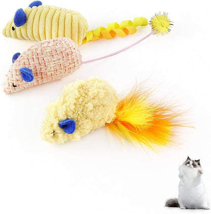 Andiker 3PCS Cat Mouse Toys, Colorful Catnip Toys for Cats with Rattle Box Ribbon Feather Interactive Cat Toys for Indoor Cats to Chew Bite Teeth Cleaning (Yellow)