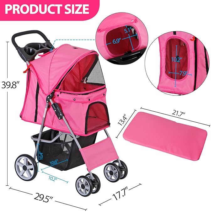 ZENY Foldable Pet Stroller, Cat/Dog Stroller with 4 Wheel, Pet Travel Carrier Strolling Cart with Storage Basket, Cup Holder (Pink)